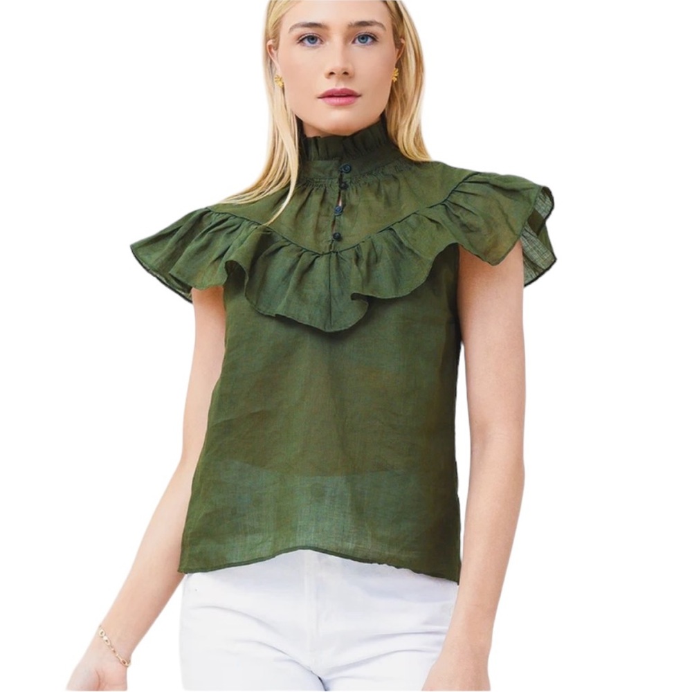 Frame Linen Olive Green Ruffle Blouse